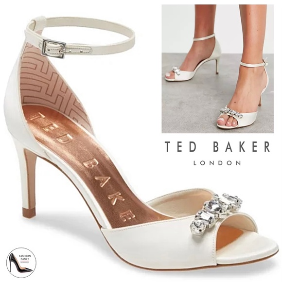 Ted Baker Gleamy Crystal Embellished White Satin Sandals Open Toe Evening Shoes - Picture 1 of 10